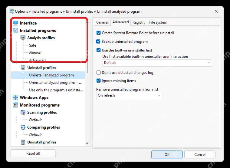 Total Uninstall Windows Options 窗口左侧 Interface 分类。