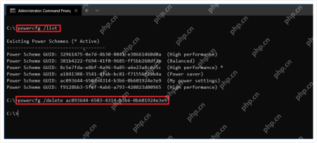 管理员命令提示符显示 powercfg /list 和 powercfg /delete。