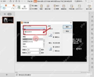 WPS 演示页面设置窗口中全屏显示 16:9 预设