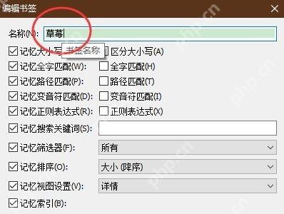 书签名称和记忆搜索关键词选项清楚可见。 Everything 中文编辑书签窗口上半部分,名称输入框和记忆选项可见。