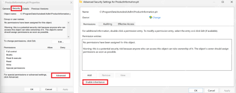 Windows ProductInformation.pit 高级安全设置截图,证明许可超时时要核对授权文件权限。