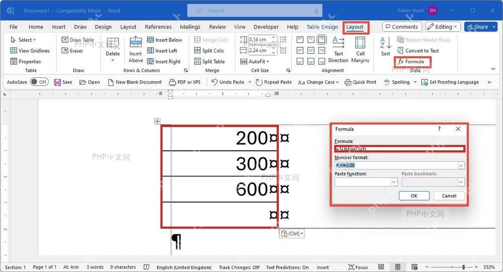 Word 表格公式区域和结果单元格被标出，用于检查公式写入位置和更新结果