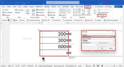 Word 表格公式区域和结果单元格被标出,用于检查公式写入位置和更新结果