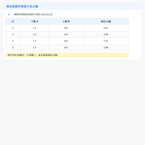 Excel 按单元格上下限生成并保留两位随机小数
