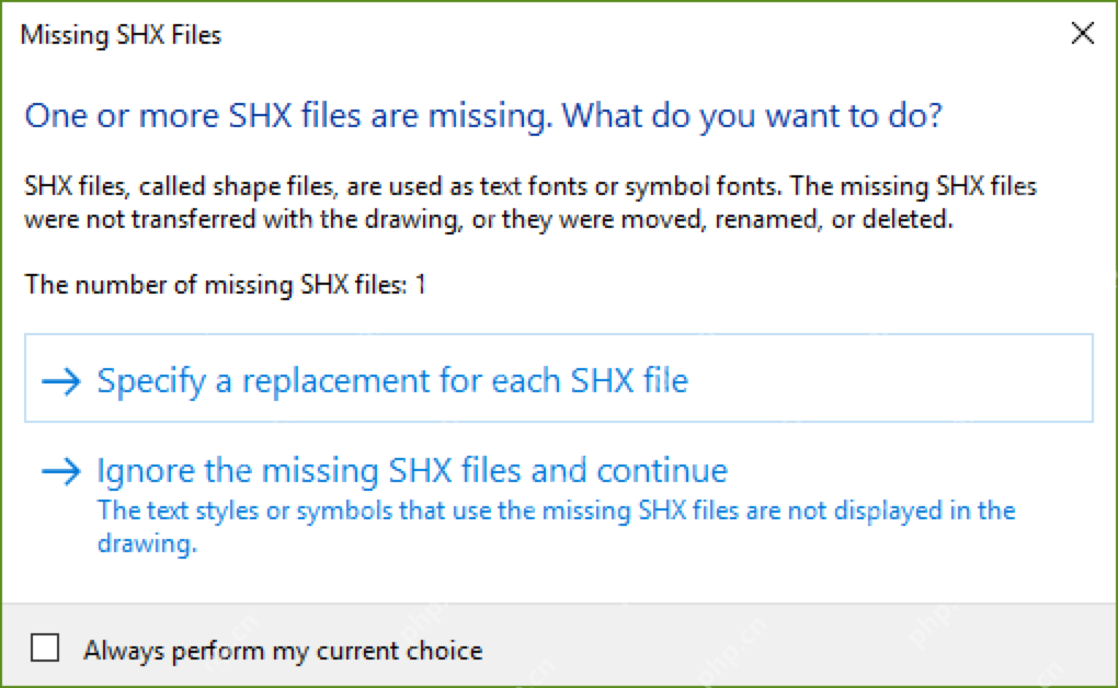 Windows AutoCAD Missing SHX files 对话框截图,证明打开天正图文字不显示时要先处理缺失 SHX 提示。