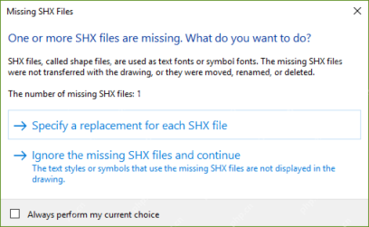 Windows AutoCAD Missing SHX files 对话框截图，证明打开天正图文字不显示时要先处理缺失 SHX 提示。