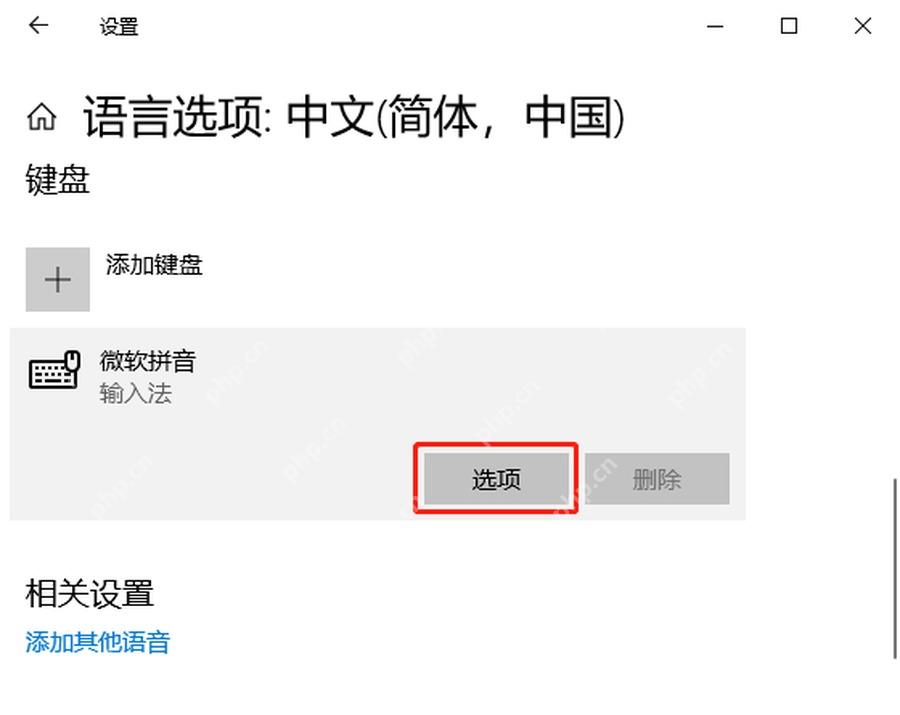 Windows10 语言选项页面中微软拼音输入法的选项按钮