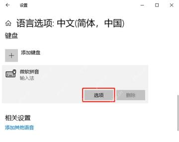 Windows10 语言选项页面中微软拼音输入法的选项按钮