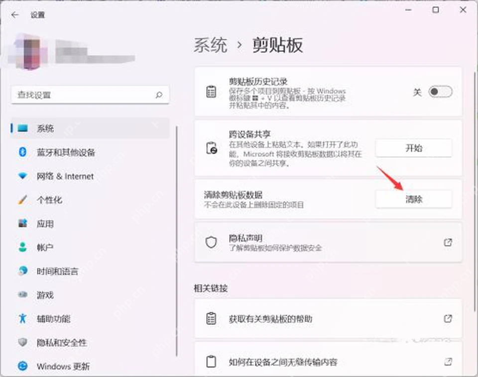 Windows 11 剪贴板设置中的清除剪贴板数据按钮
