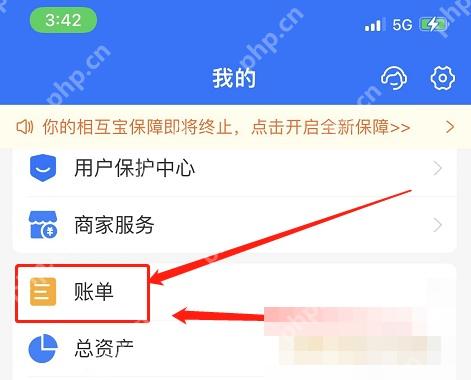 支付宝中文界面:账单,对应步骤:打开支付宝后,先到“我的”页,再点“账单”。转账记录和消费记录都先汇总在账单里。