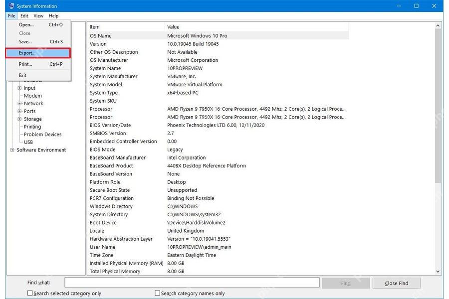 Win10 系统信息文件菜单中选择 Export 导出系统信息报告