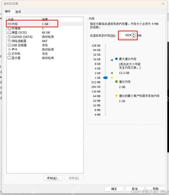 VMware Workstation 虚拟机设置硬件页选中内存并显示 1024 MB 输入框