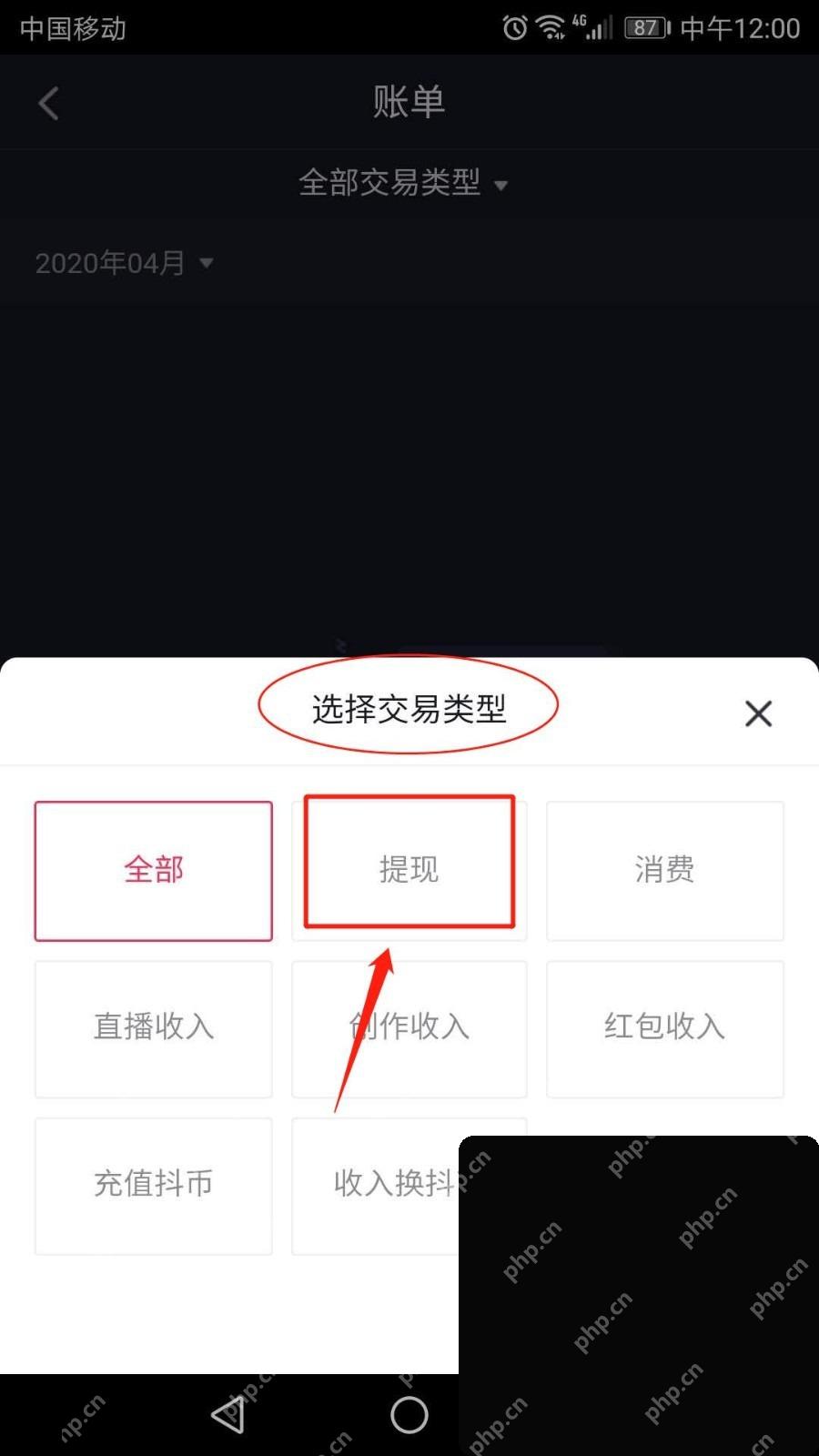 抖音账单页面选择交易类型