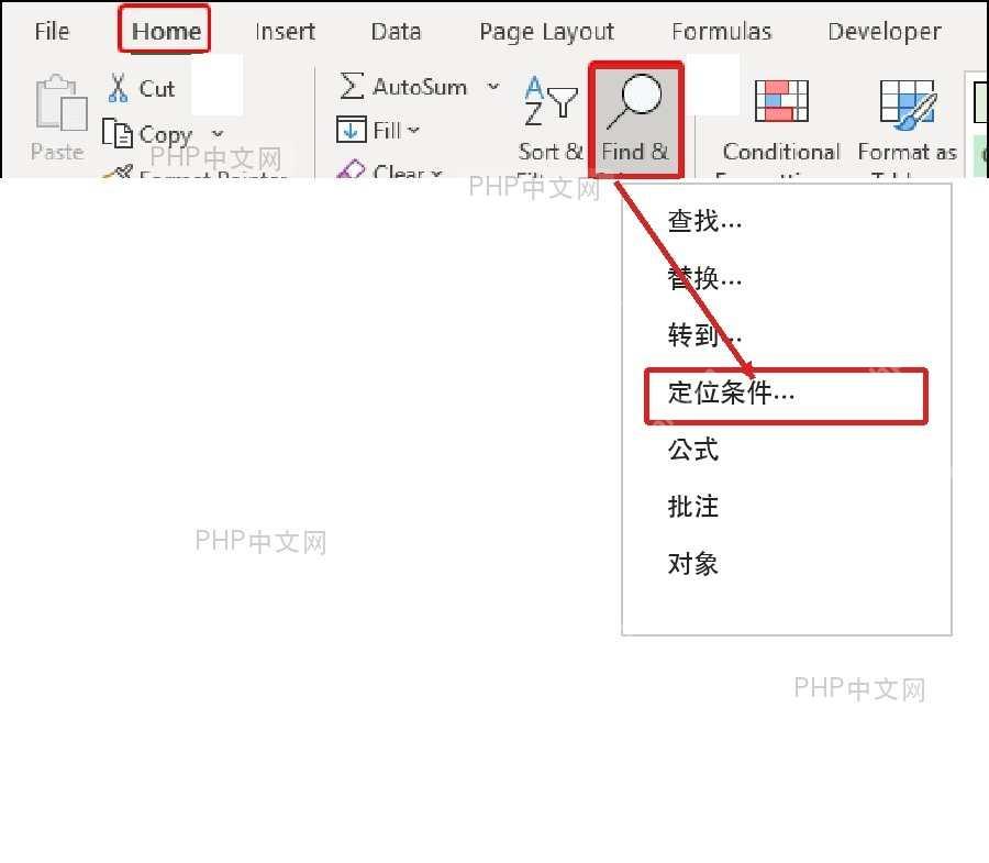 Excel 开始选项卡中打开查找和选择并指向定位条件