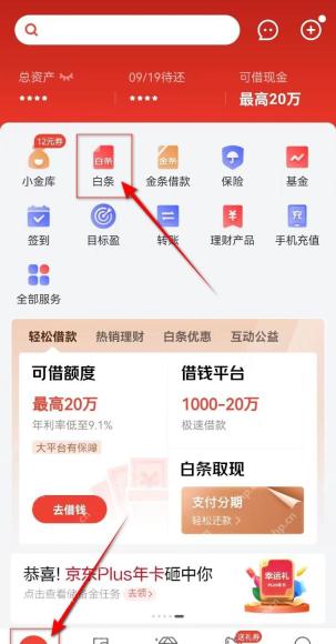京东金融推荐页面中的白条入口，证明进入白条账单管理的步骤