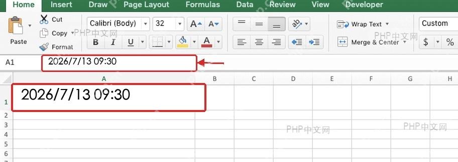 Excel 单元格和公式栏中输入固定日期时间