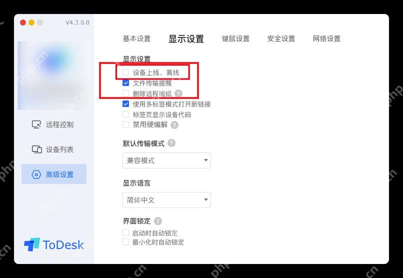 ToDesk 高级设置显示设置页面高亮设备上线离线提醒选项