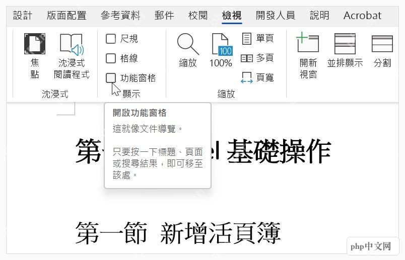 Word视图选项卡中打开导航窗格入口