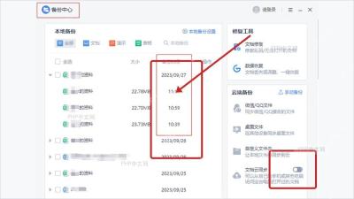 WPS 备份中心的本地备份列表和文档云同步开关，用于排查云端找不到的文件