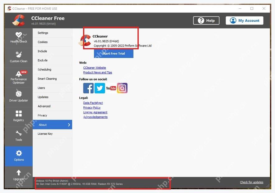 CCleaner Windows 电脑端 About 页面和底部 Windows CPU RAM GPU 信息