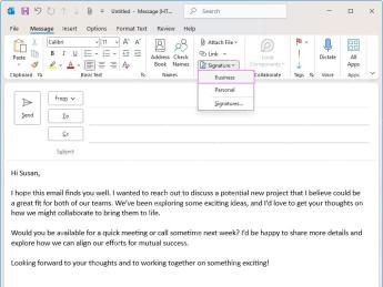 Outlook 写信窗口通过 Signature 菜单选择已有邮件签名
