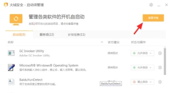 Windows 中文火绒启动优化页显示查看详情按钮,证明要先展开详情列表才能逐项禁止开机自启软件。