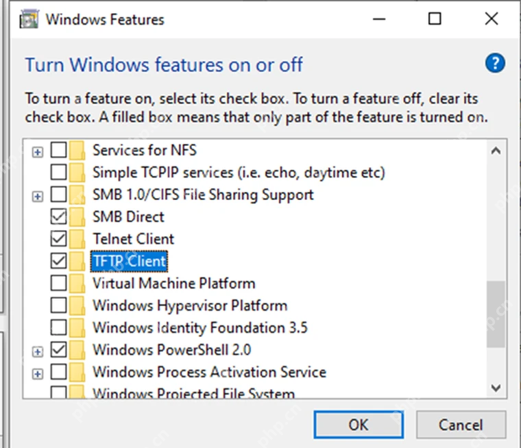Windows10 Windows 功能中 TFTP Client 已勾选
