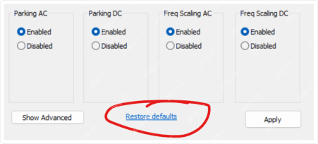 ParkControl Restore defaults、Show Advanced 和 Apply 按钮完整区域。