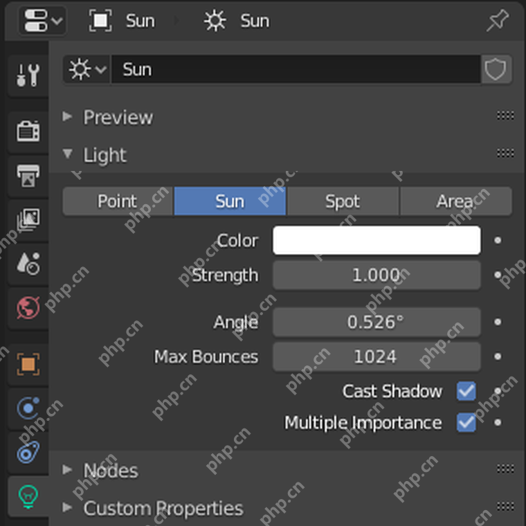 Blender 灯光数据属性面板中 Sun 类型被选中并显示 Strength、Angle、Cast Shadow 选项