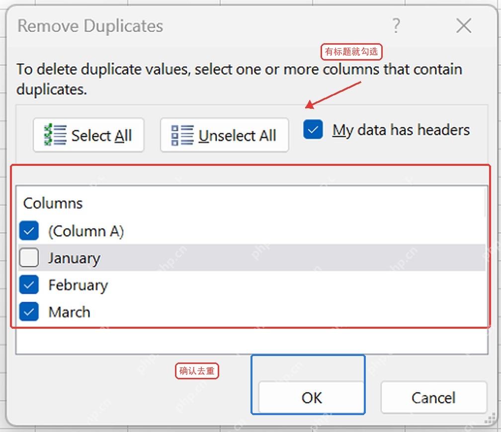 Excel Remove Duplicates窗口中选择列并勾选My data has headers