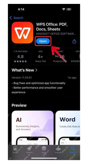 iPhone WPS Office 下载完成后 App Store 页面显示 Open 打开按钮