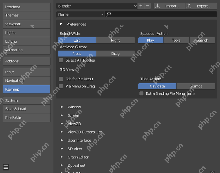Blender Preferences 左侧选中 Keymap 页面并显示 Select With、Spacebar Action 和 3D View 项