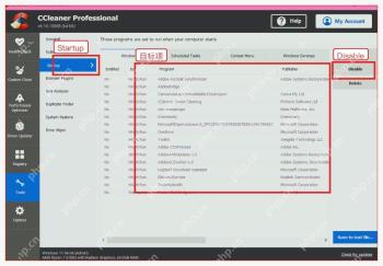 CCleaner Windows 电脑端 Startup 页面里的 Disable 按钮
