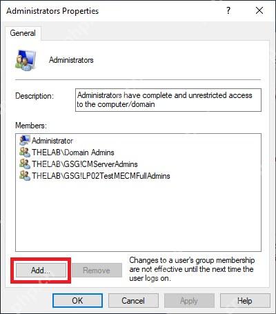 Win10 Administrators 组属性窗口中 Add 按钮被红框标出