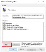 Win10 Administrators 组属性窗口中 Add 按钮被红框标出