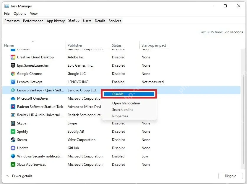 任务管理器启动项中禁用 Lenovo Vantage 相关项目