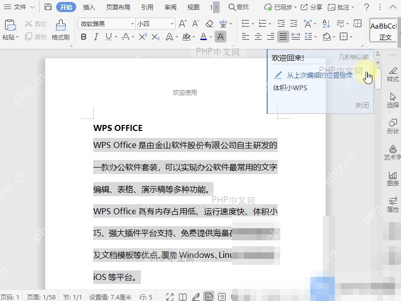 WPS文档右侧上次编辑位置提示
