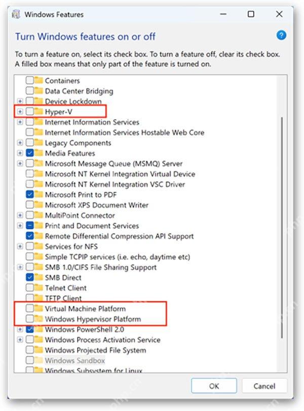 Windows Features 窗口中 Hyper-V 和虚拟化相关组件位置被框出