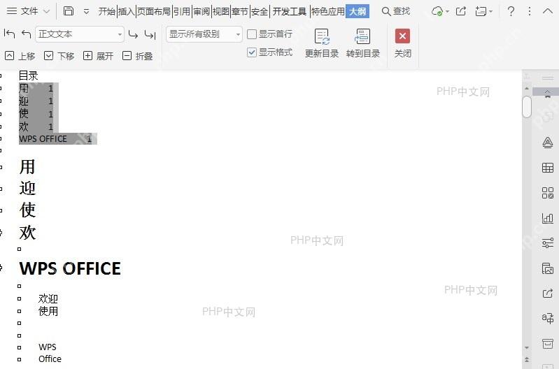 在文档大纲视图中如何转到目录?结果检查