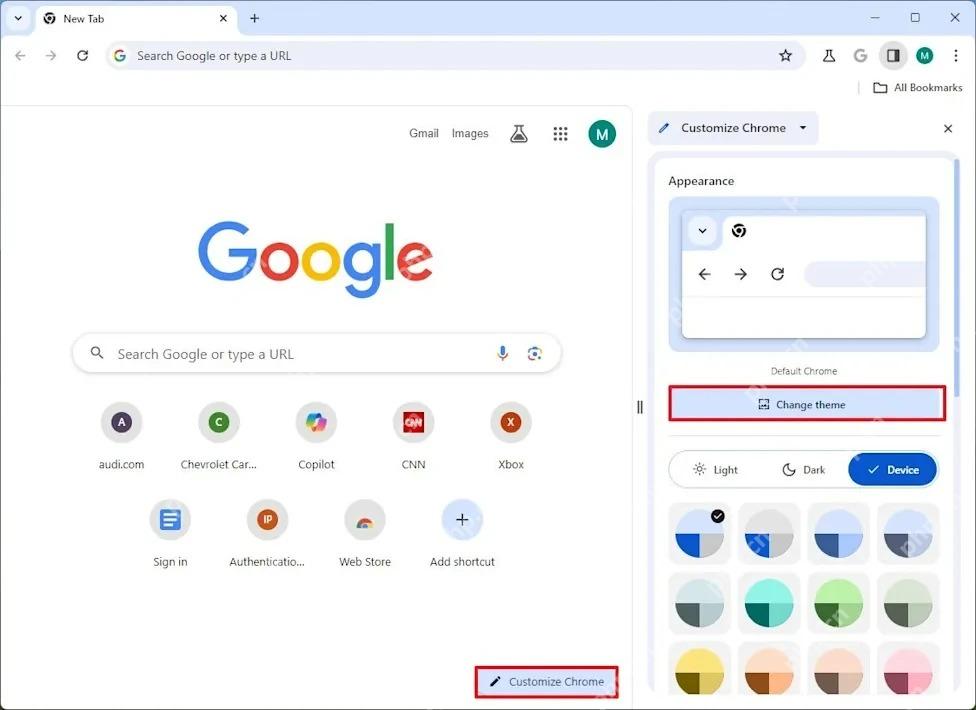 Chrome 新标签页主题设置界面