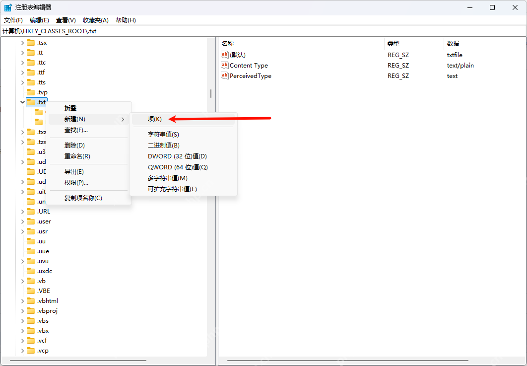 Windows 注册表编辑器定位 HKEY_CLASSES_ROOT\.txt 并新建项
