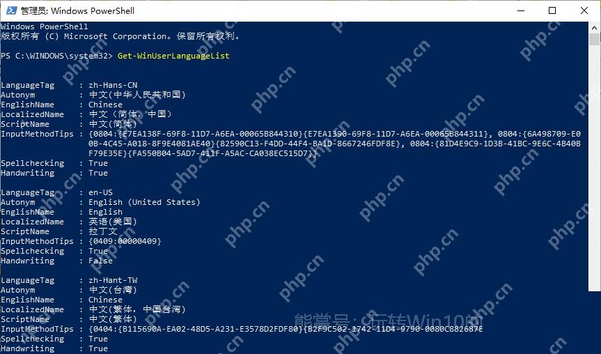 Win10 PowerShell 查看系统语言列表