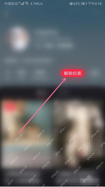 小红书黑名单用户页解除拉黑按钮，用于移出黑名单