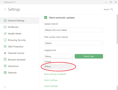 AdGuard General Settings 页面中把日志级别改为 Debug