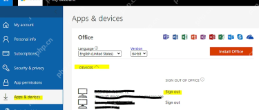 Microsoft 365 Apps and devices 页面中 Office 设备旁的 Sign out 按钮