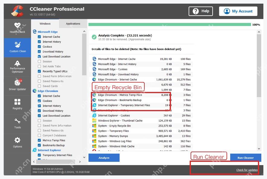 CCleaner 结果列表中的 System Empty Recycle Bin 项