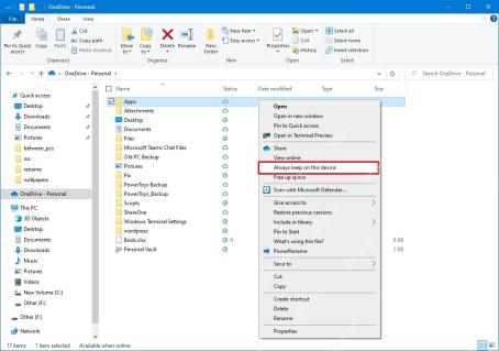 OneDrive文件夹右键菜单选择Always keep on this device让文件保留在本机