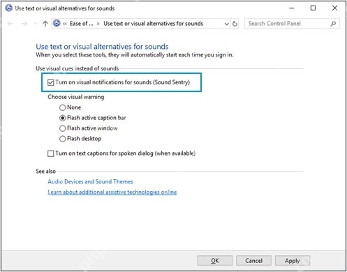 Win10 控制面板视觉替代声音