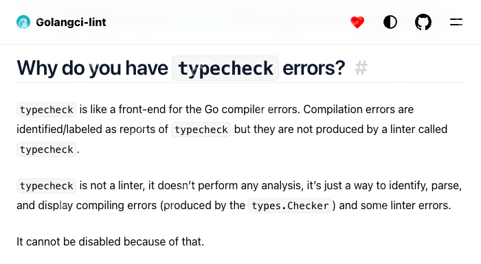 Golangci-lint 官方 FAQ 的 typecheck 说明指出该标签用于展示编译错误,不是可禁用的独立 linter