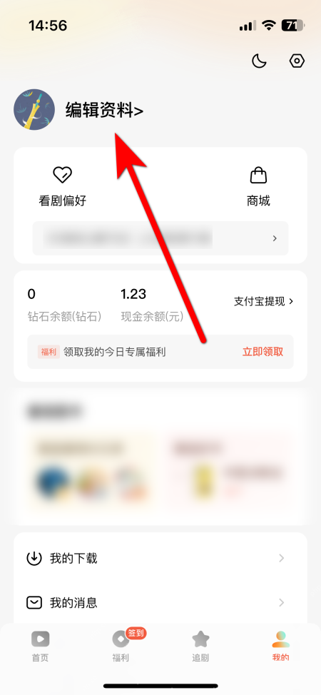 红果免费短剧 iOS 个人页头像旁边编辑资料入口,对应先打开编辑资料